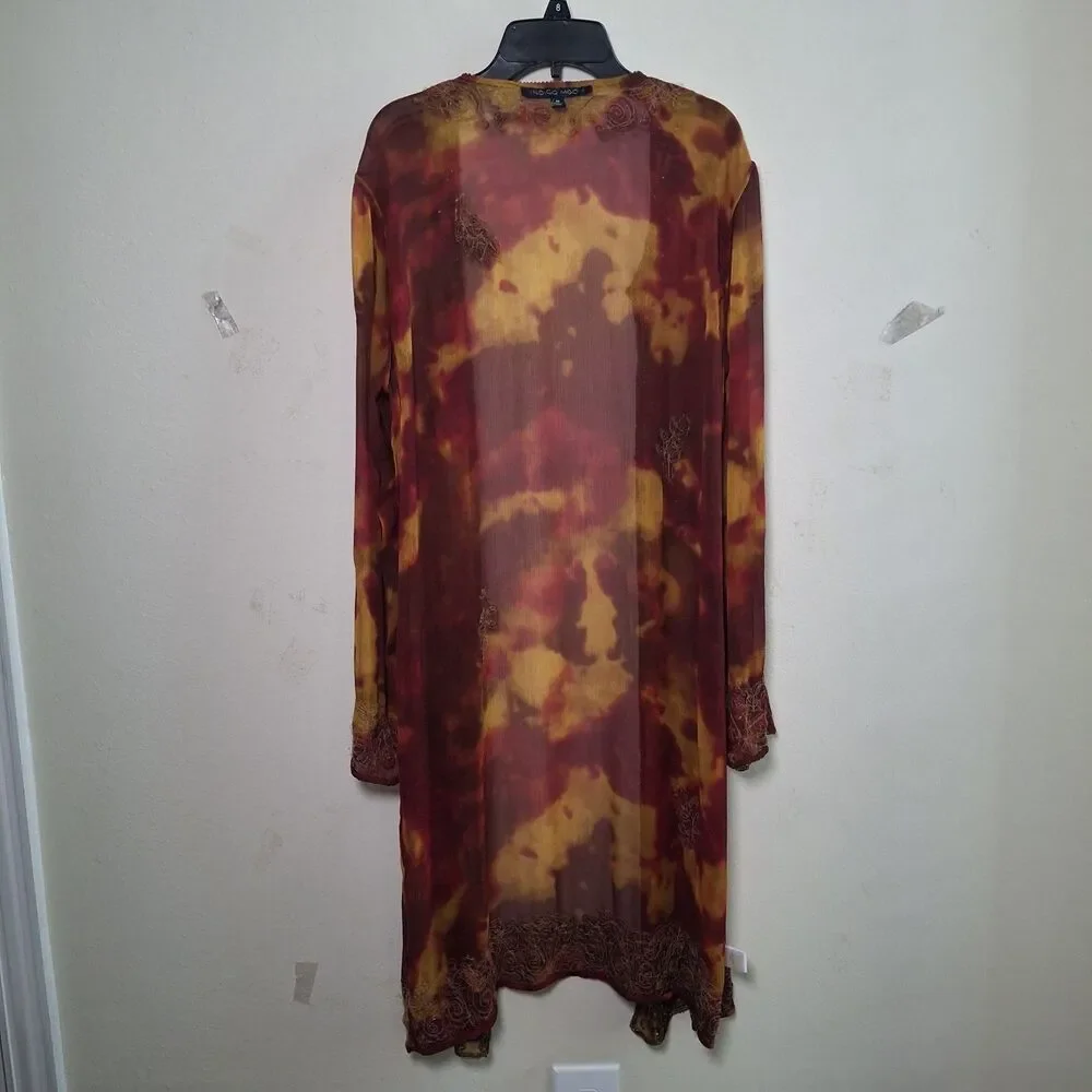 INDIGO MOON Beaded Long Open Duster Kimono Tie Dye Gold Red Medium Boho Vacation